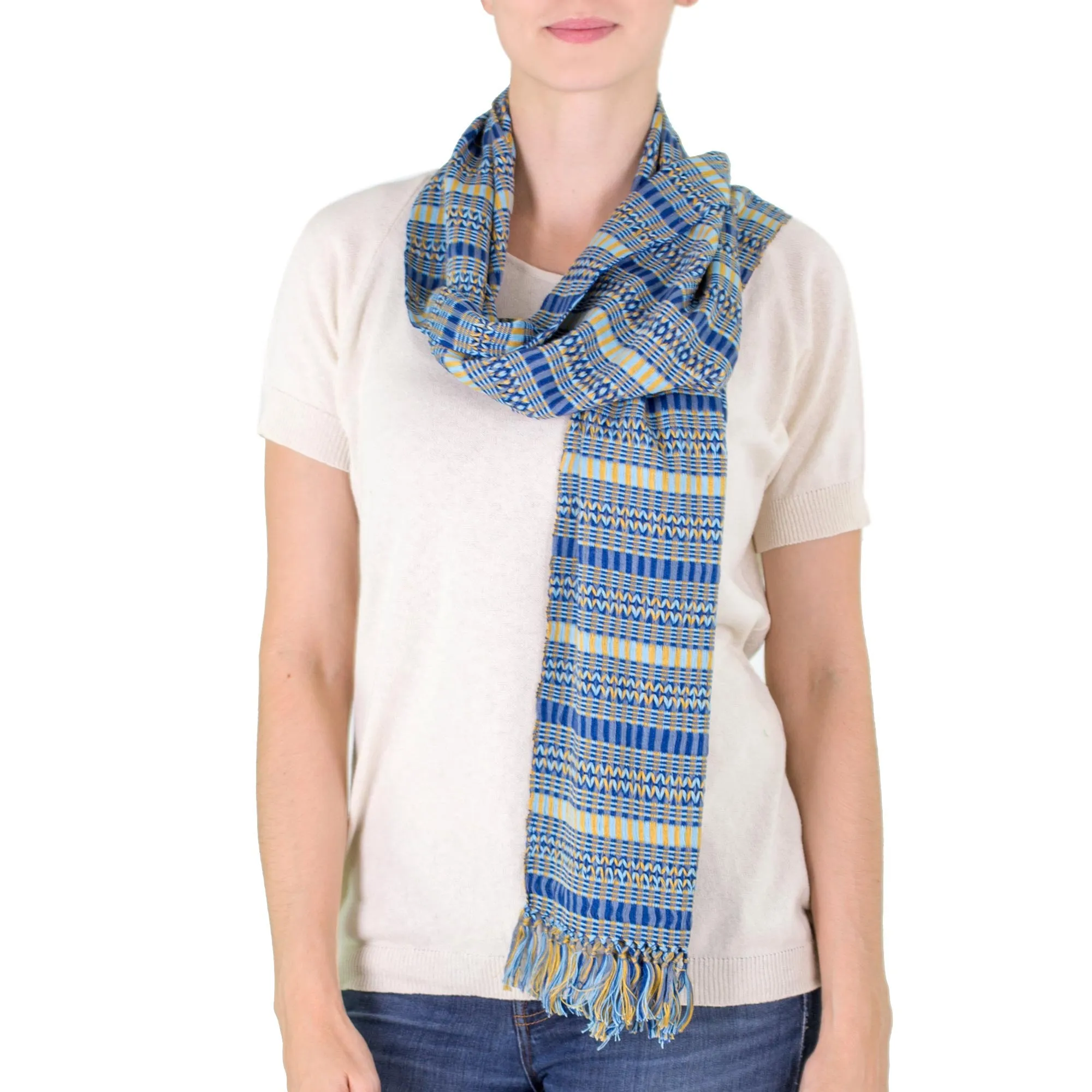 Sunshine Backstrap Loom Blue Yellow Cotton Scarf - Organic Dye Atitlan