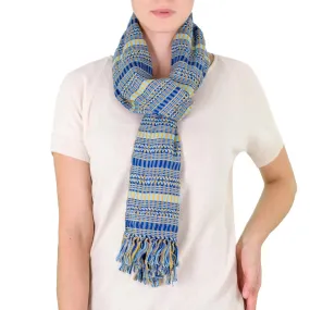 Sunshine Backstrap Loom Blue Yellow Cotton Scarf - Organic Dye Atitlan