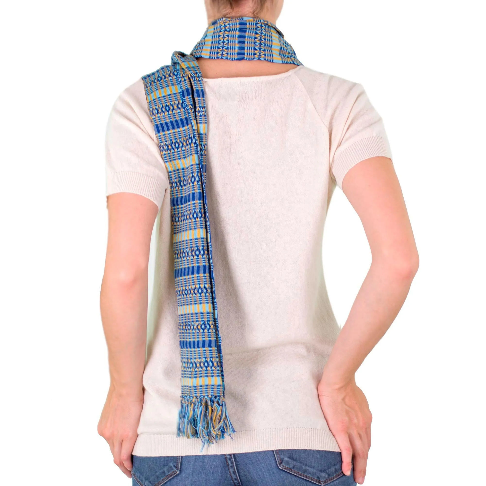 Sunshine Backstrap Loom Blue Yellow Cotton Scarf - Organic Dye Atitlan