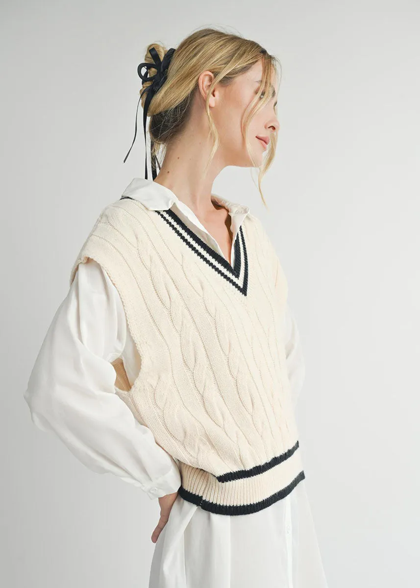 Tara Ivory Cable Knit V-Neck Sweater