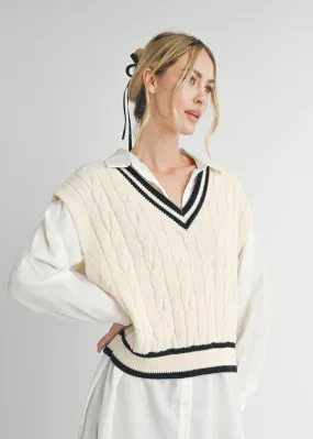 Tara Ivory Cable Knit V-Neck Sweater