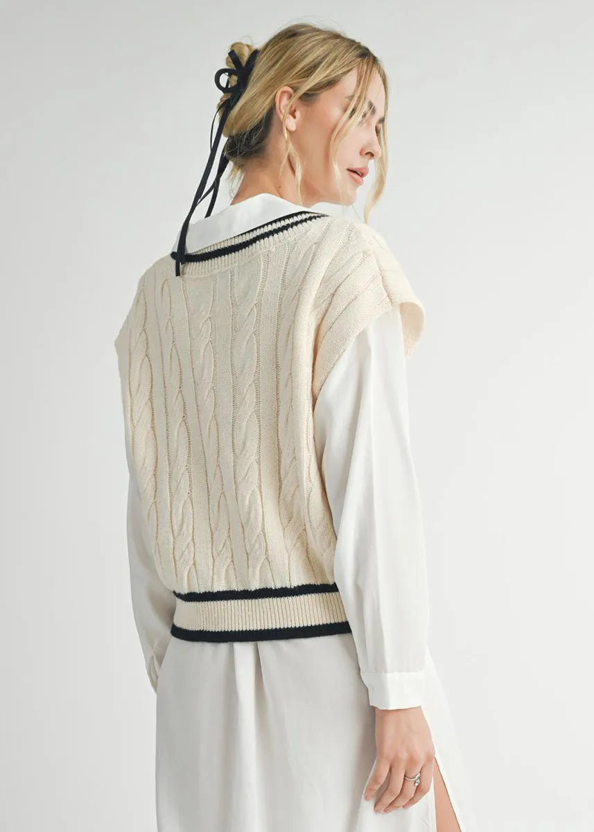 Tara Ivory Cable Knit V-Neck Sweater