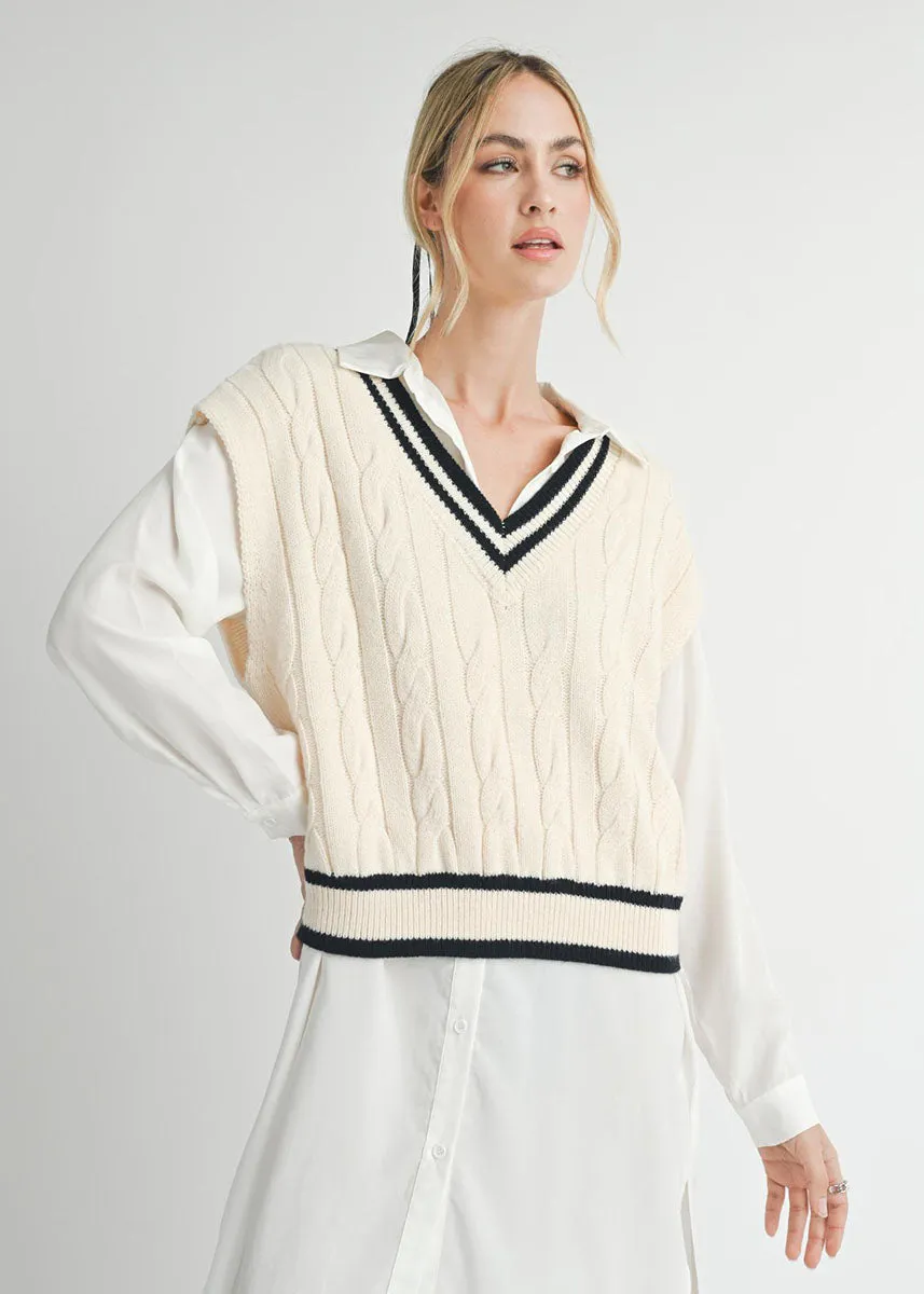 Tara Ivory Cable Knit V-Neck Sweater