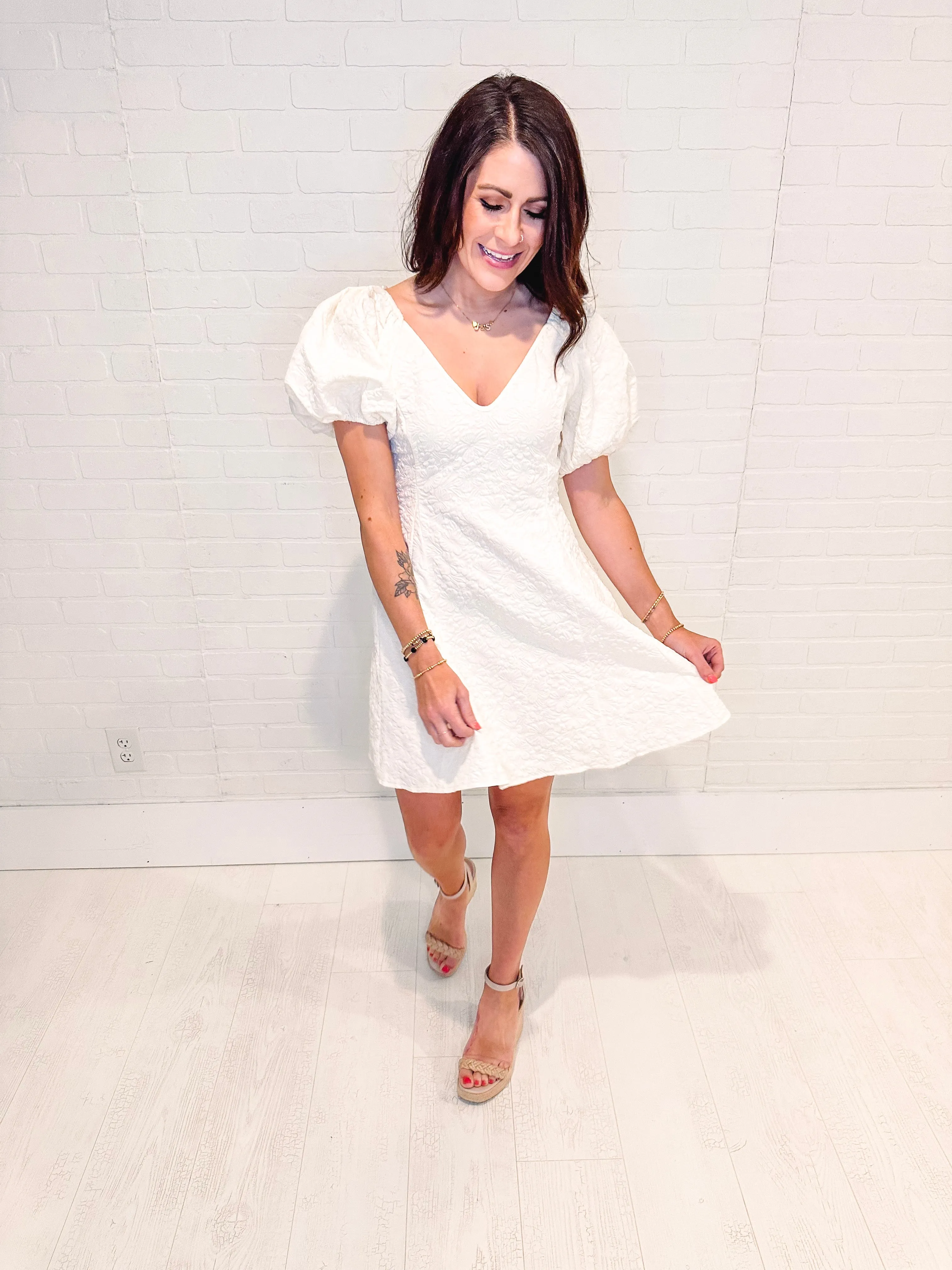 Textured Puff Sleeve Dress - Butterfly Kisses