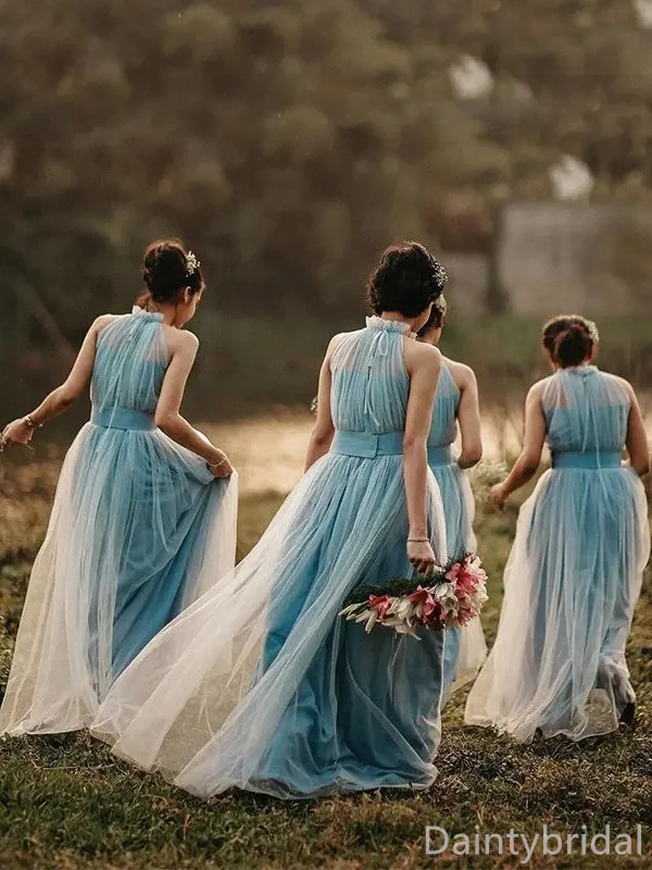 Tulle Halter Sleeveless A-line Long Bridesmaid Dresses