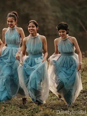 Tulle Halter Sleeveless A-line Long Bridesmaid Dresses