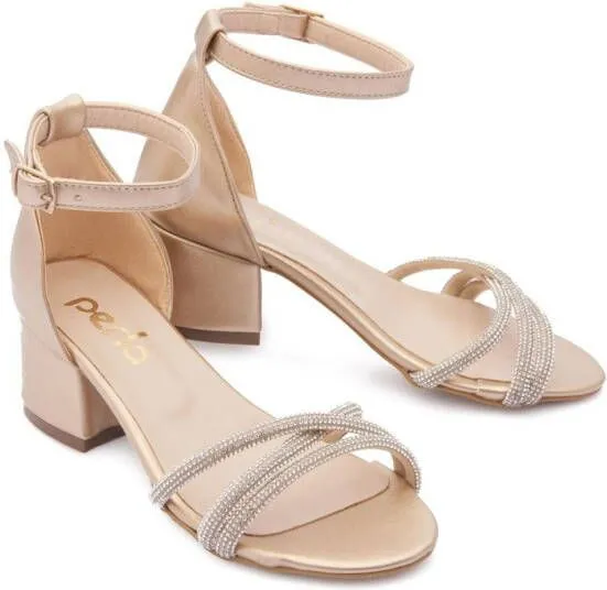 Gold Rhinestone-Embellished Triple-Strap Sandals by Tulleen