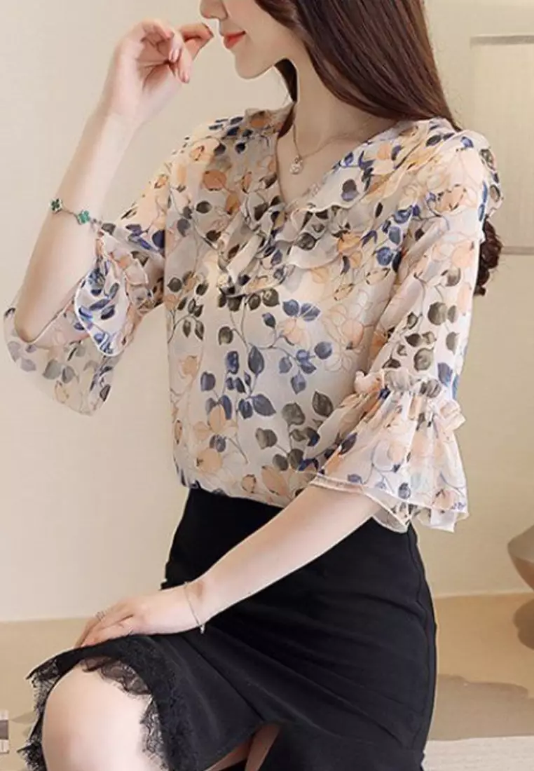 Simple Floral Chiffon Short Sleeve Shirt VCW-Bs58 by Twenty Eight Shoes VANSA