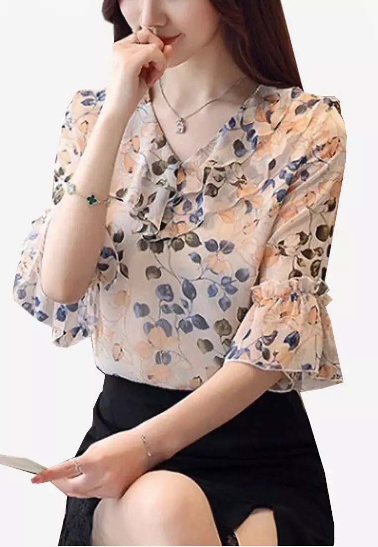 Simple Floral Chiffon Short Sleeve Shirt VCW-Bs58 by Twenty Eight Shoes VANSA