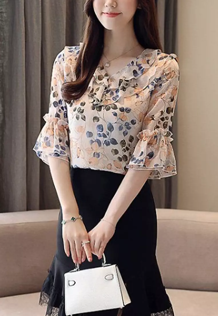 Simple Floral Chiffon Short Sleeve Shirt VCW-Bs58 by Twenty Eight Shoes VANSA