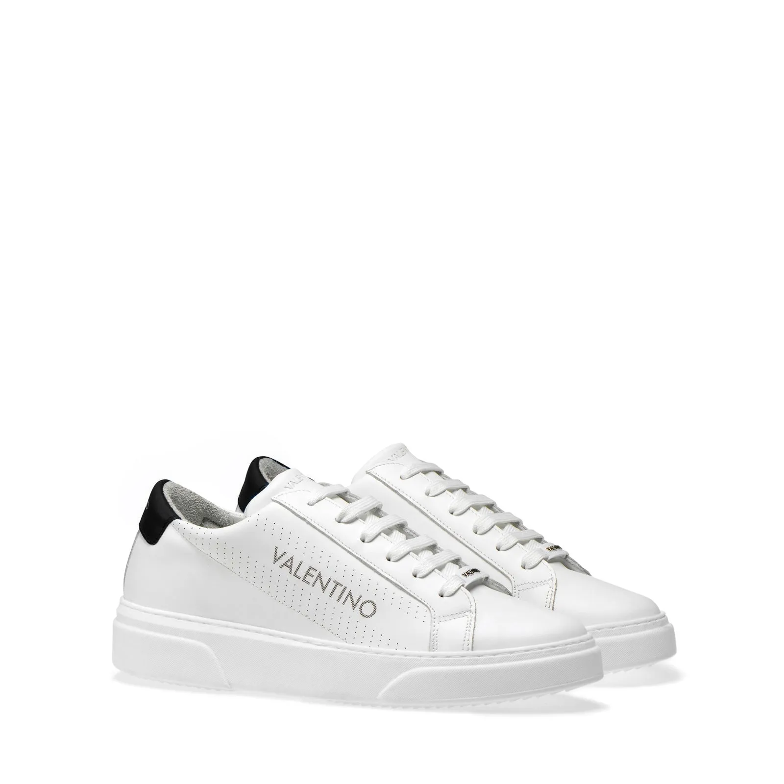 VALENTINO White Hide Lace Up Sneaker with Black Insert