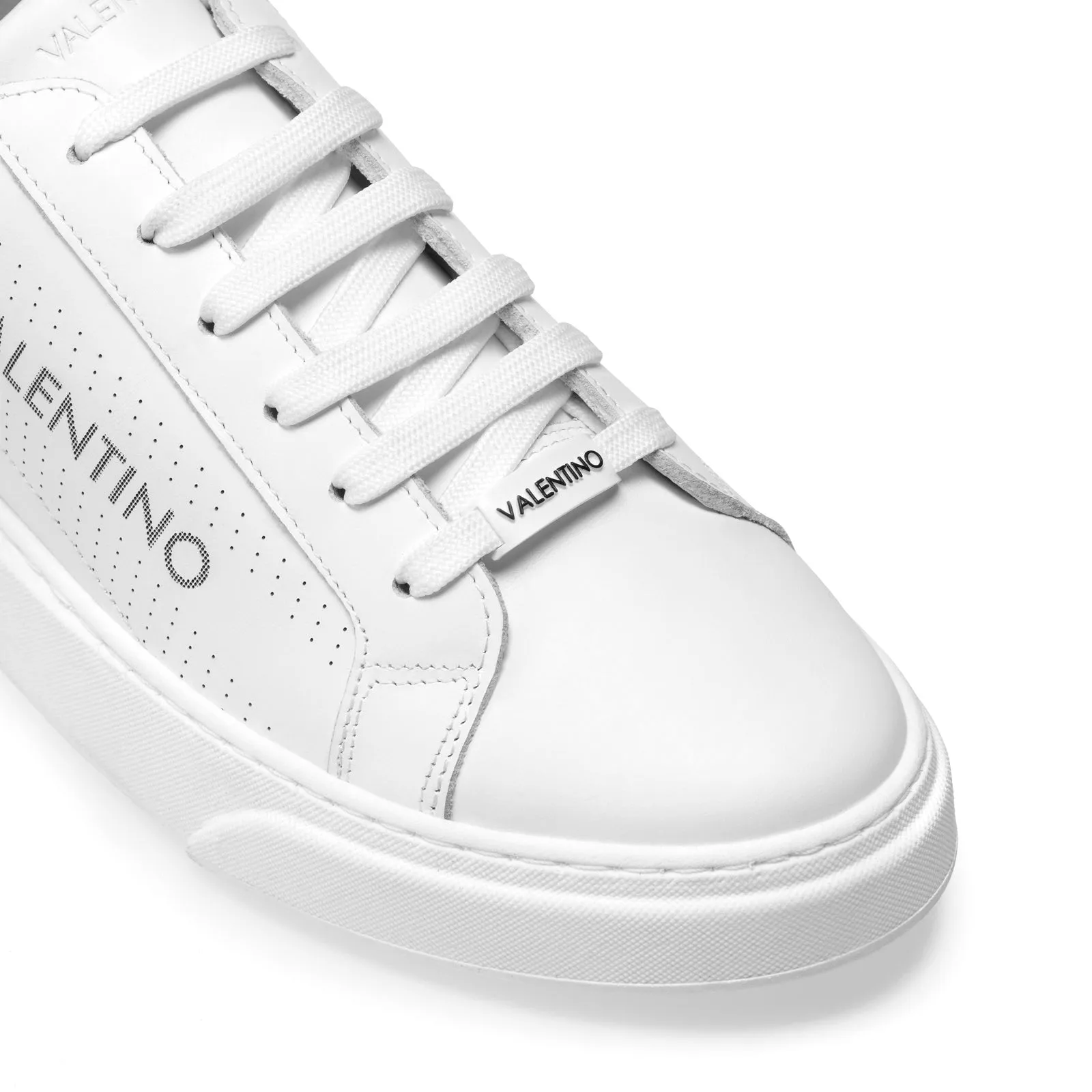 VALENTINO White Hide Lace Up Sneaker with Black Insert