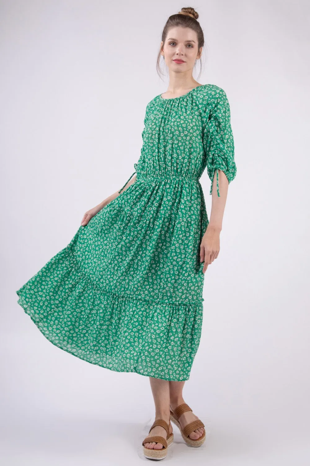 VERY J Ruched Tiered Midi Dress printed.