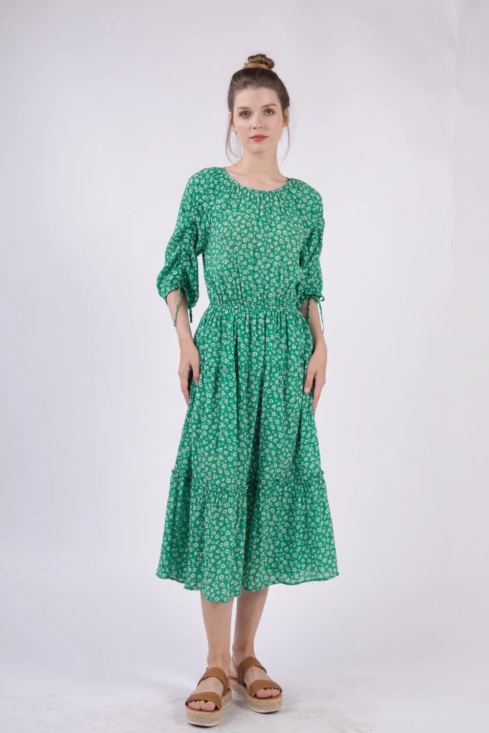 VERY J Ruched Tiered Midi Dress printed.