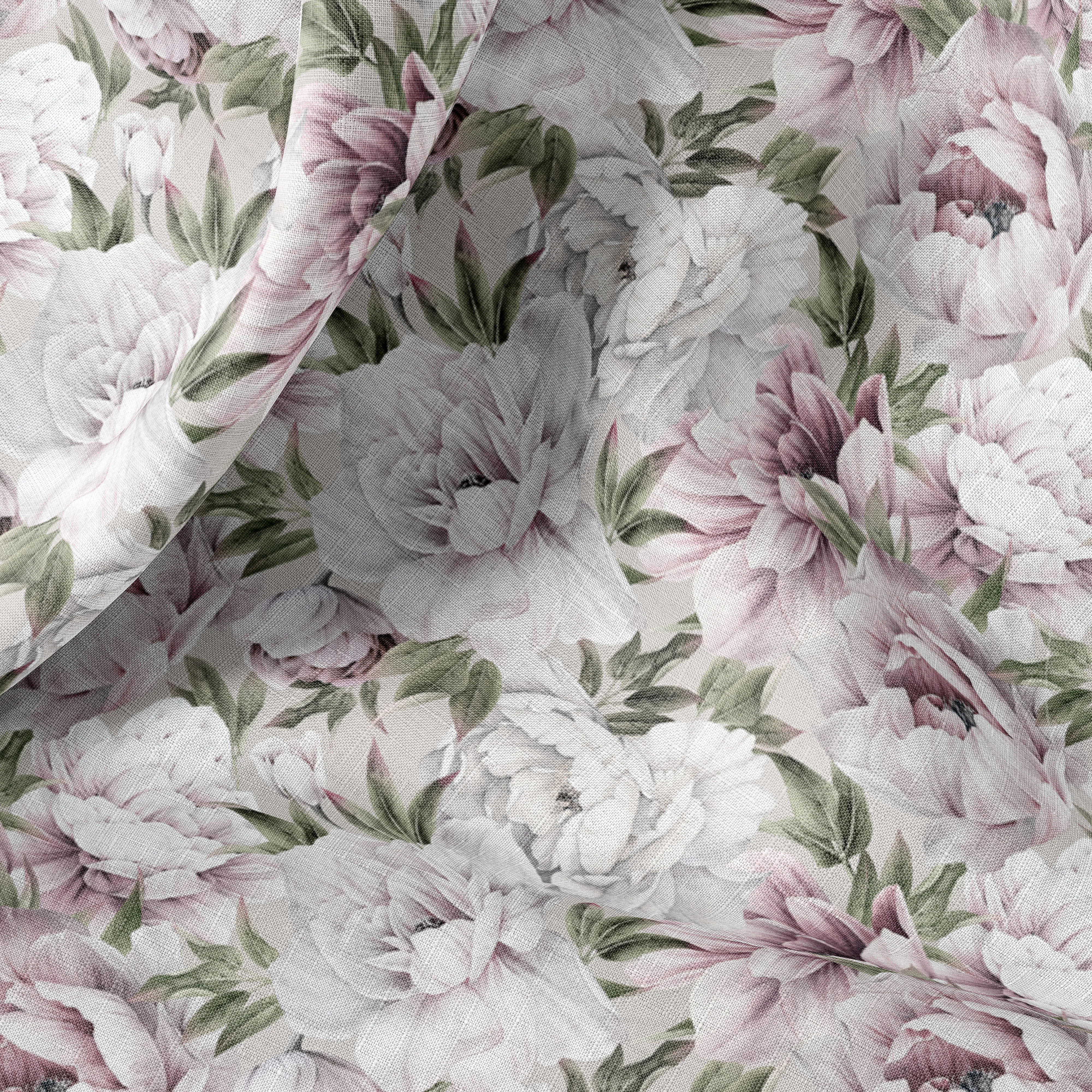 Watercolor Peonies Floral Linen Fabric - Yard/Meter - For Clothing, Curtains & Uphol