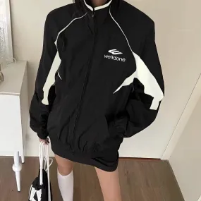 WHITE Color Block Streetwear Retro Sport Windbreaker Coat