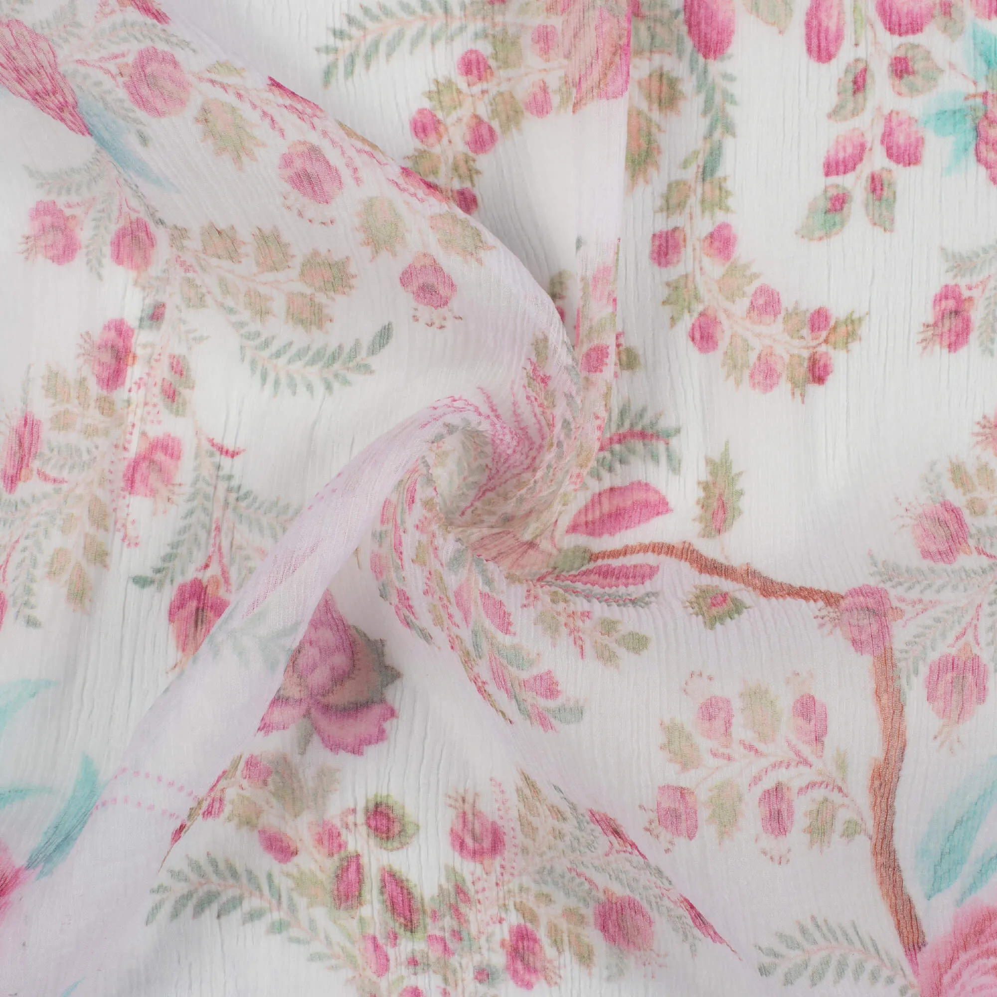 White Fuchsia Floral Print Chiffon Fabric