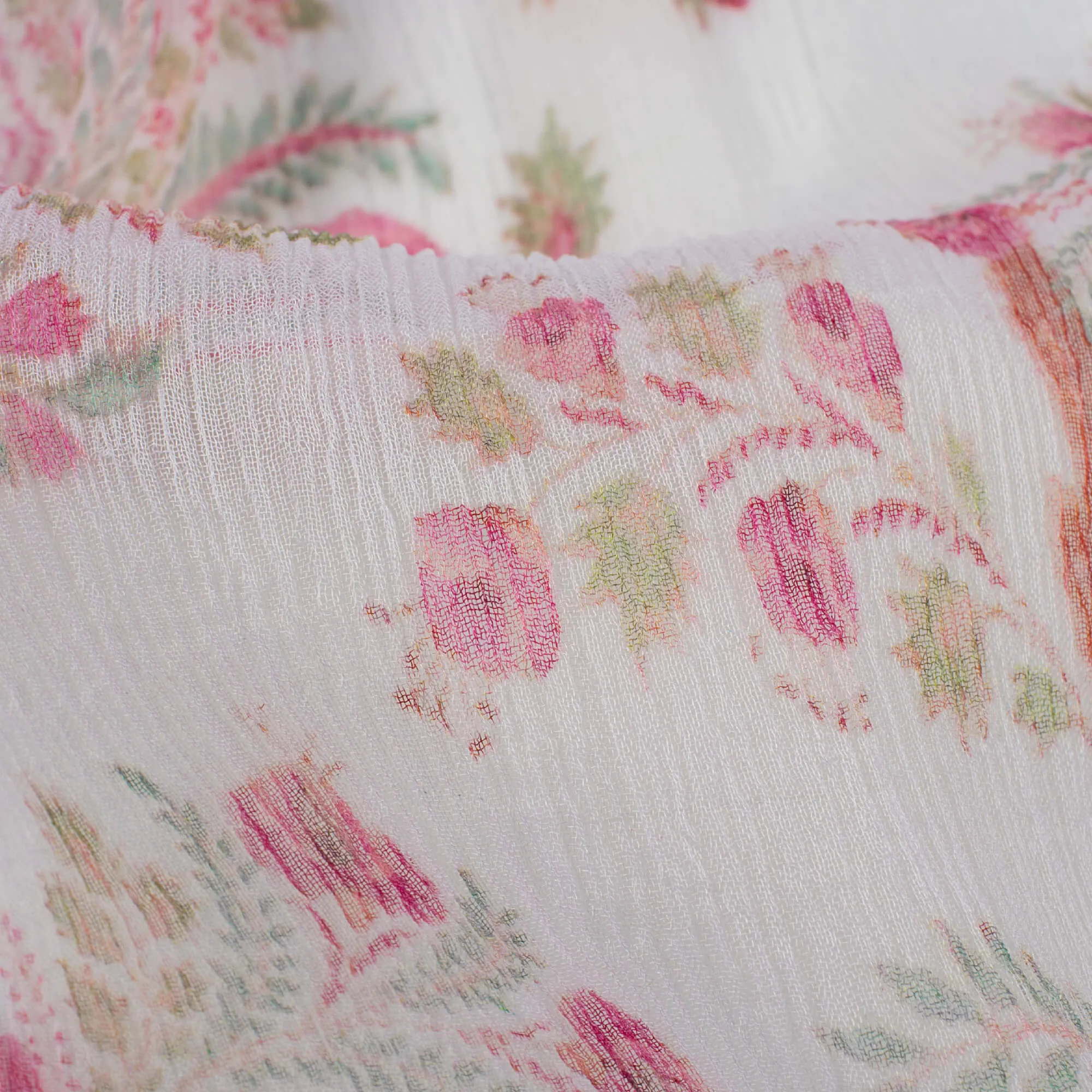 White Fuchsia Floral Print Chiffon Fabric