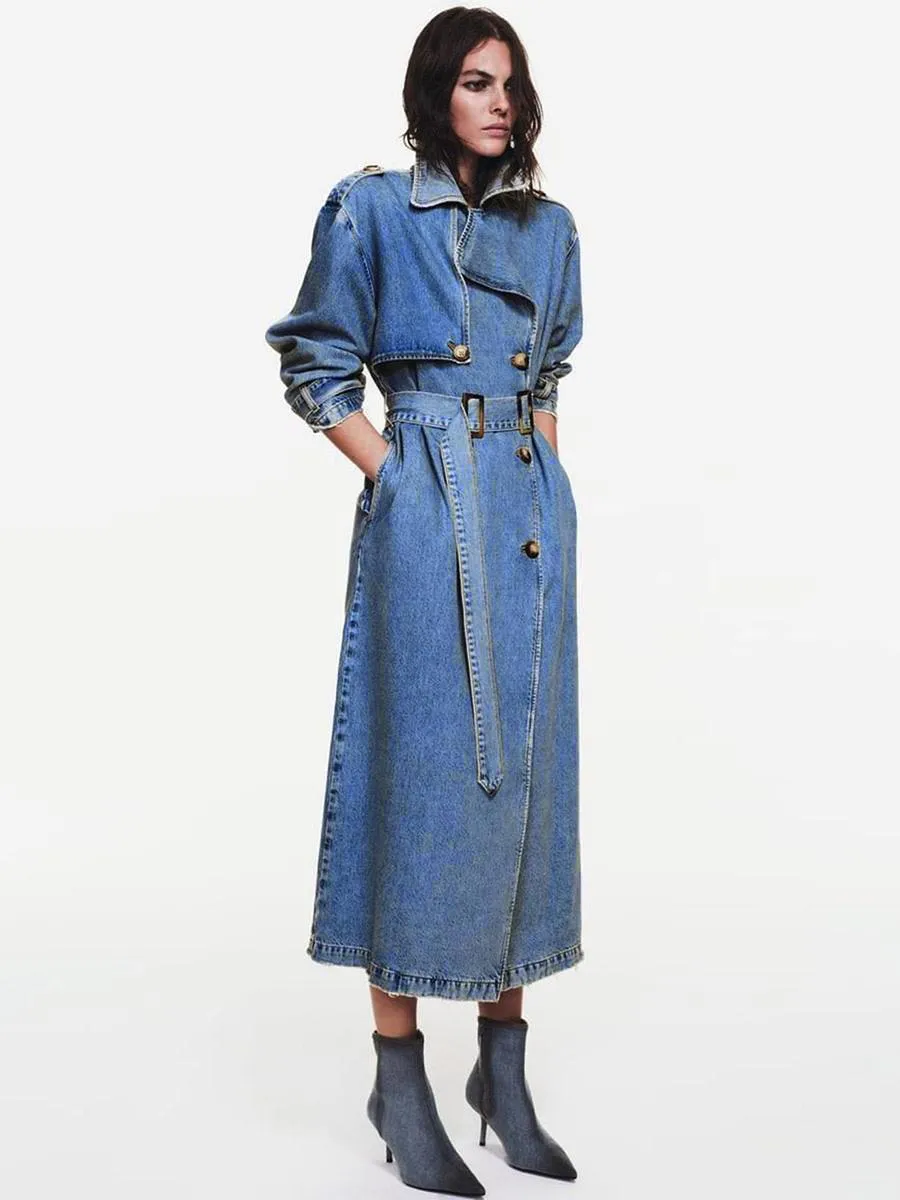 Women's Belted Full Length Trench Coat with Notched Lapel and Double-Breasted Design