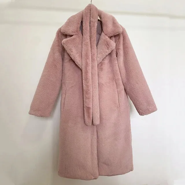 Women's Oversized Lapel Faux Rabbit Fur Coat with Belt - Long Winter Overcoat