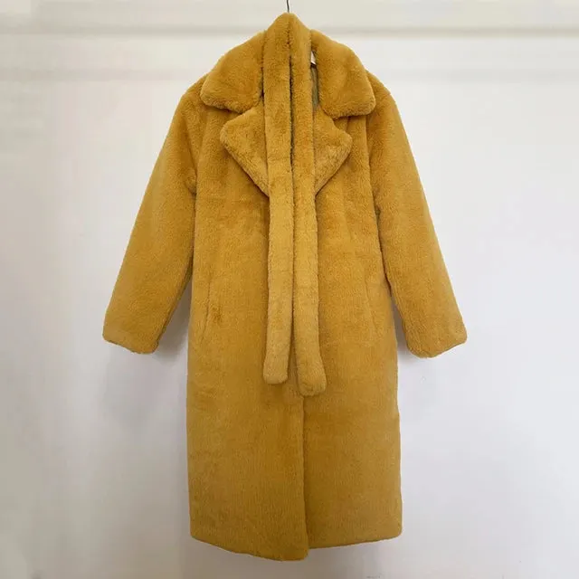 Women's Oversized Lapel Faux Rabbit Fur Coat with Belt - Long Winter Overcoat