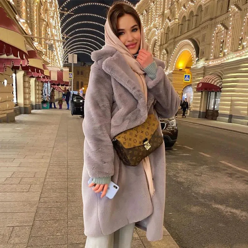 Women's Oversized Lapel Faux Rabbit Fur Coat with Belt - Long Winter Overcoat