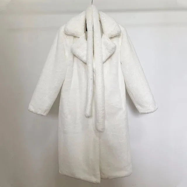 Women's Oversized Lapel Faux Rabbit Fur Coat with Belt - Long Winter Overcoat