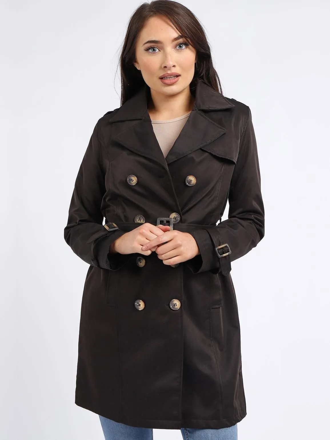 Black and Stone Women's Trench Coat with Shoulder Epaulets and Belt in UK Sizes 8 to 16