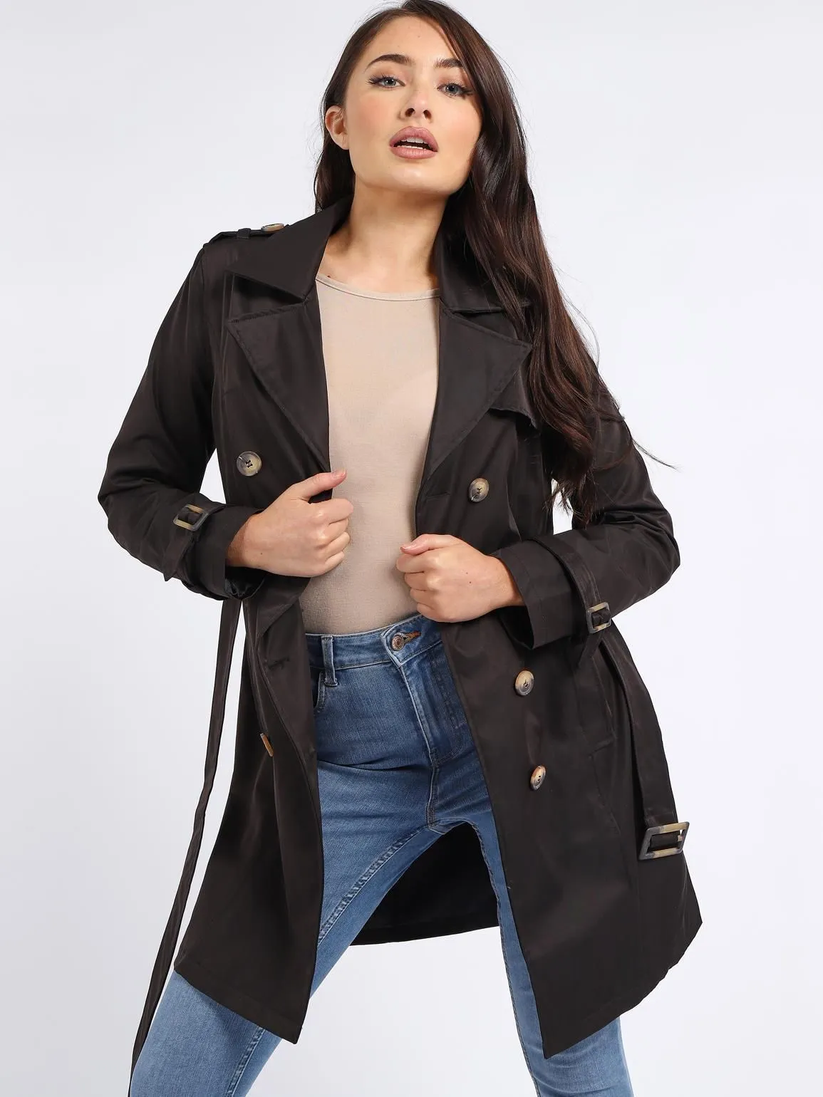 Black and Stone Women's Trench Coat with Shoulder Epaulets and Belt in UK Sizes 8 to 16