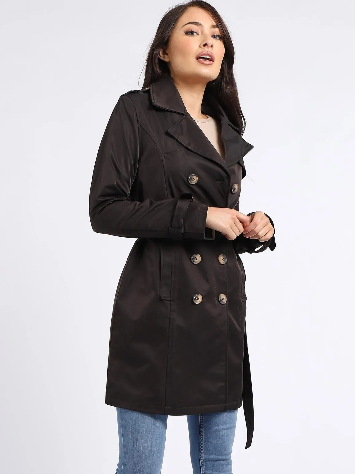 Black and Stone Women's Trench Coat with Shoulder Epaulets and Belt in UK Sizes 8 to 16