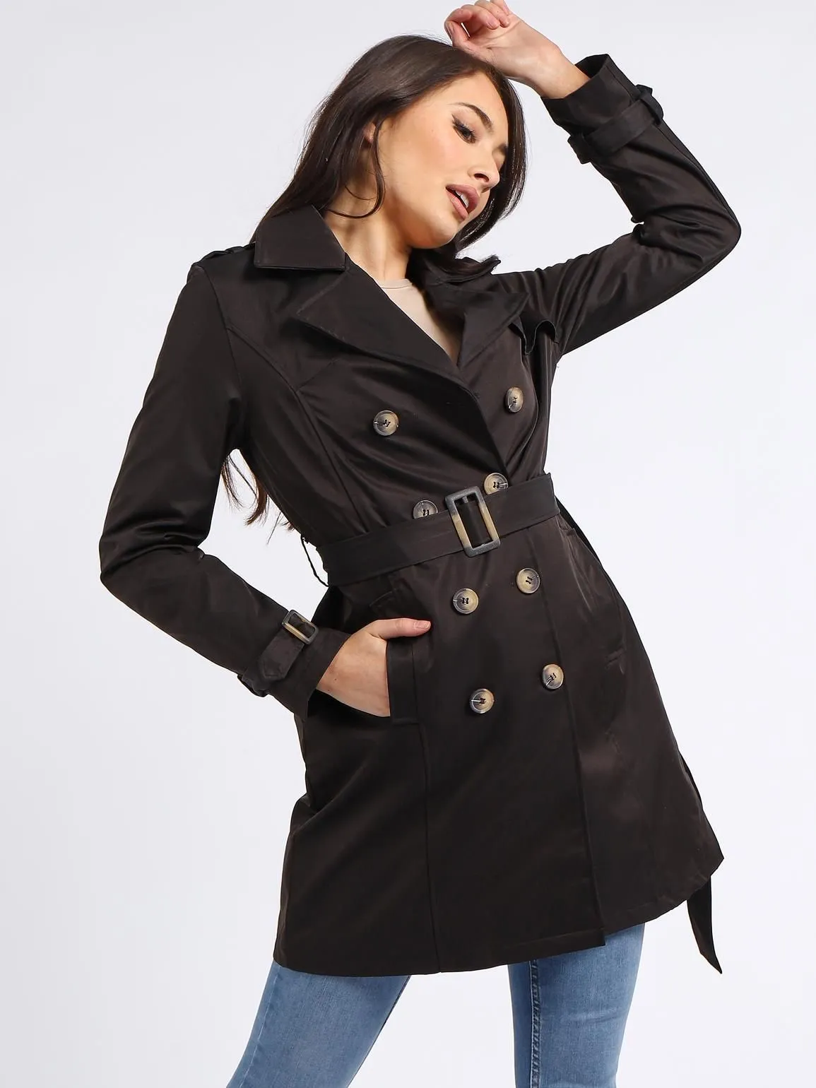 Black and Stone Women's Trench Coat with Shoulder Epaulets and Belt in UK Sizes 8 to 16