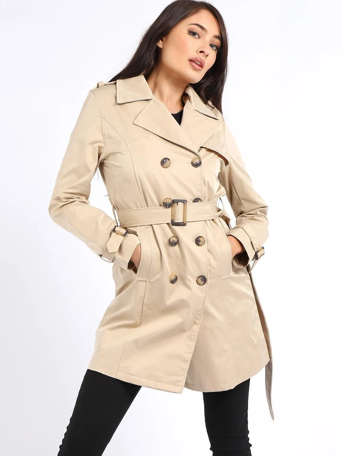 Black and Stone Women's Trench Coat with Shoulder Epaulets and Belt in UK Sizes 8 to 16