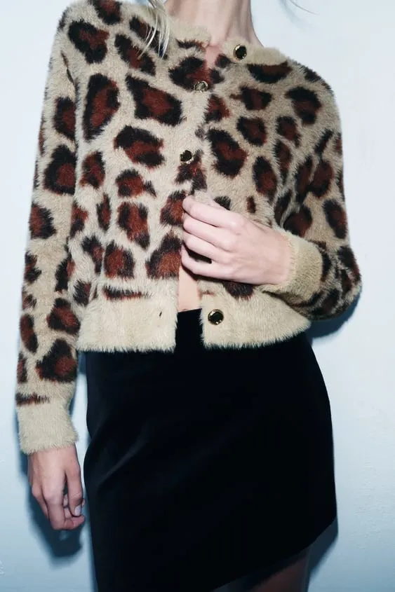 ZARA Leopard Print Casual Nylon Long Sleeve Top