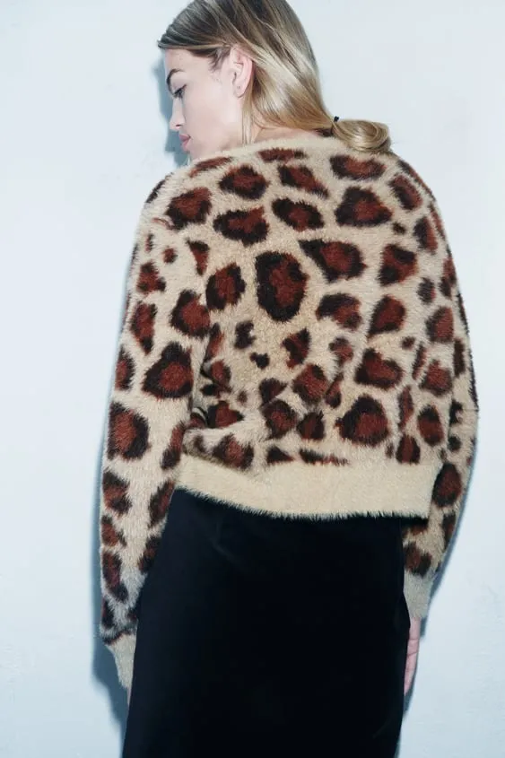 ZARA Leopard Print Casual Nylon Long Sleeve Top