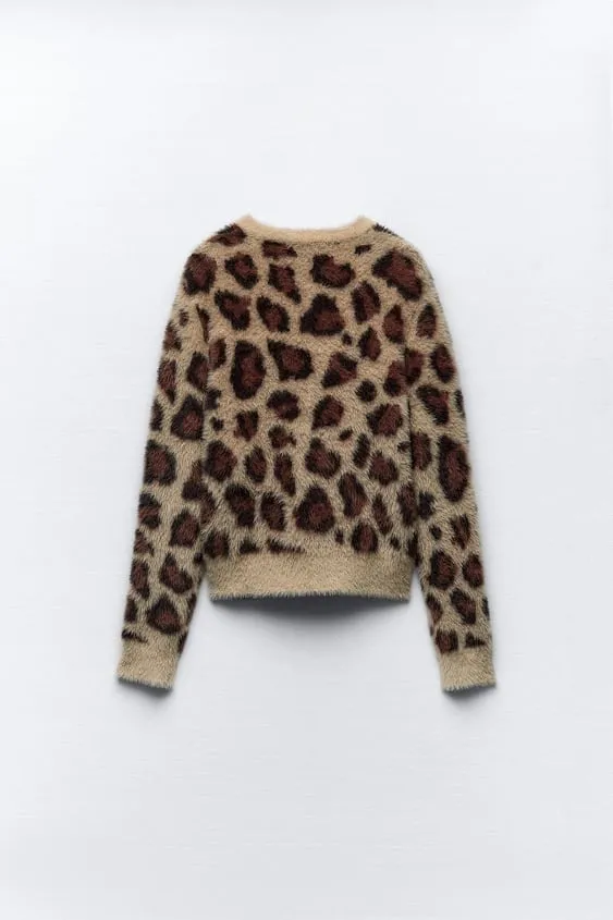 ZARA Leopard Print Casual Nylon Long Sleeve Top